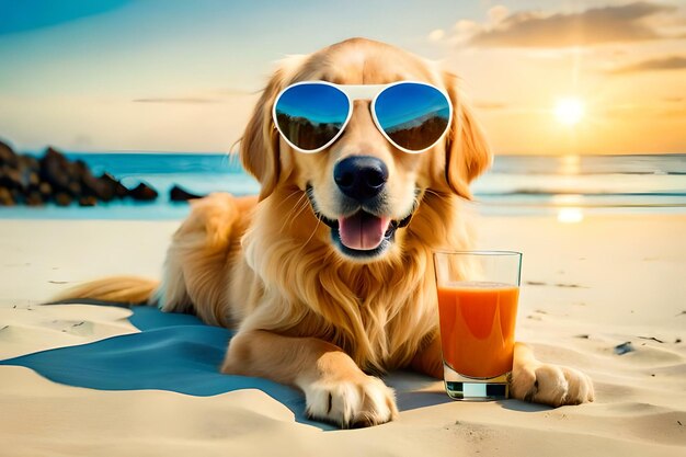 Cane Golden Retriever con occhiali da sole sulla spiaggia Creato con tecnologia Ai generativa