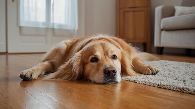 Cane Golden Retriever sdraiato sul pavimento del soggiorno