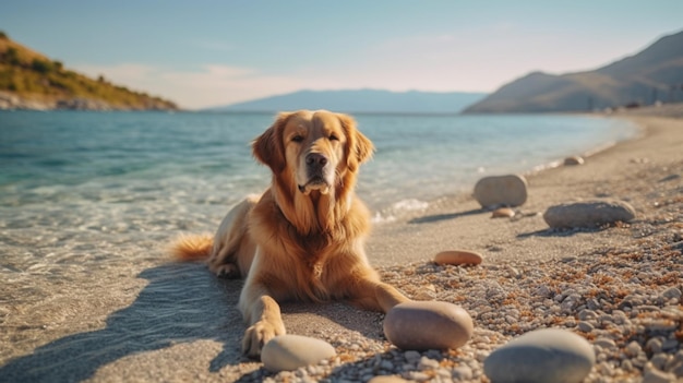 Cane Golden Retriever sdraiato sulla spiaggia e che gioca con la palla