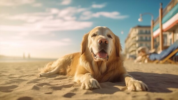 Cane Golden Retriever sdraiato sulla spiaggia e che gioca con la palla