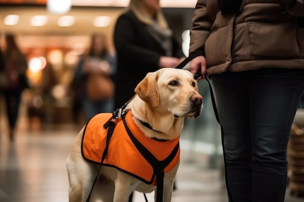 Cane guida che guida il suo conduttore attraverso il centro commerciale IA generativa