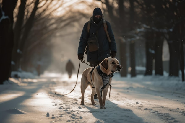 Cane guida e il suo conduttore camminano sicuri attraverso il parco innevato IA generativa