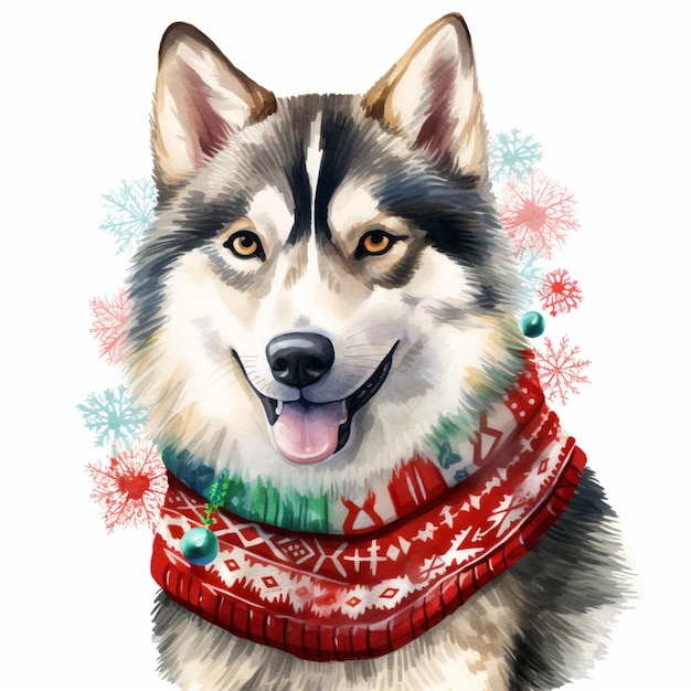 cane husky arafed che indossa un maglione di Natale rosso e verde generativo ai
