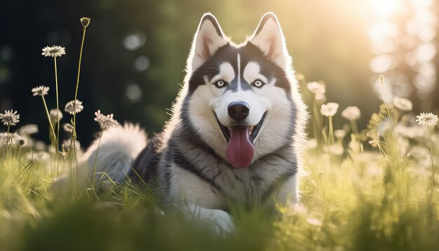 Cane Husky che cammina nel prato in estate al tramonto