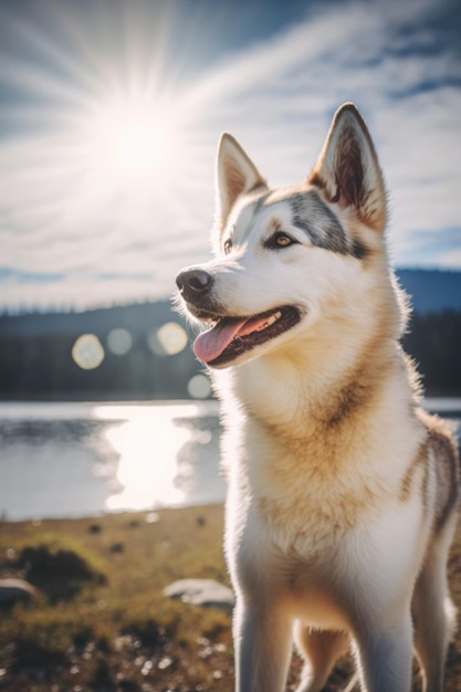 Cane husky che fa la lingua fuori dal lago e dalla foresta creata utilizzando la tecnologia dell'IA generativa