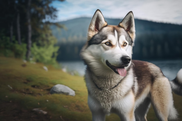 Cane husky che fa la lingua fuori dal lago e dalla foresta creata utilizzando la tecnologia dell'IA generativa