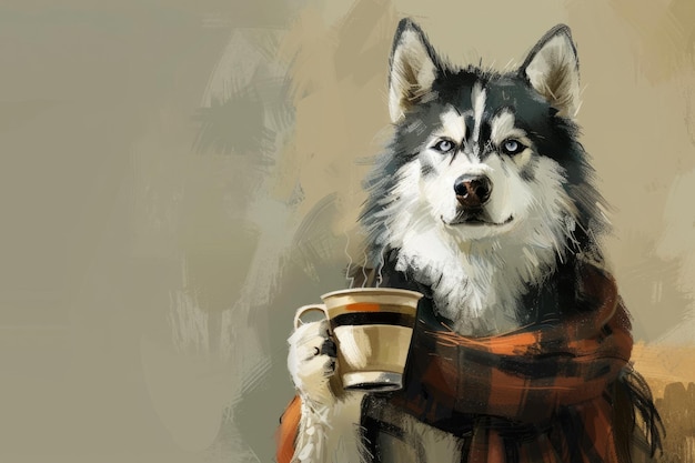 Cane husky con una tazza di caffè caldo