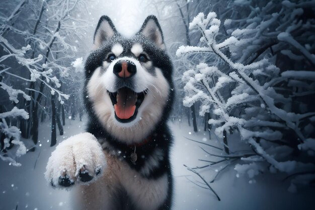 Cane husky siberiano in una foresta invernale