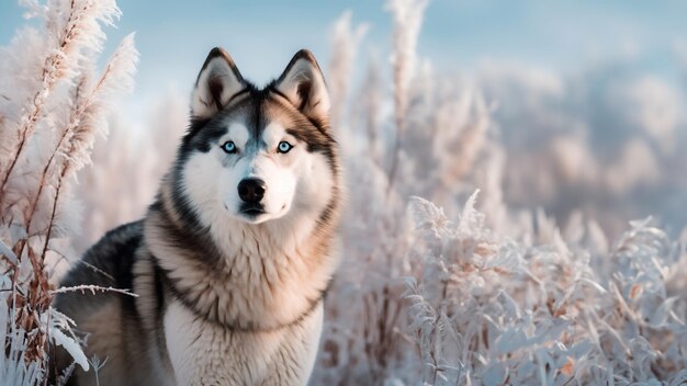 Cane husky siberiano in una foresta invernale