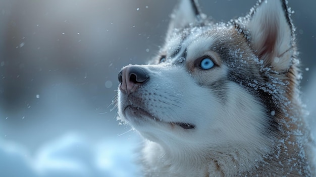 Cane Husky siberiano nella foresta invernale Bellissimo ritratto di husky sibiriano con gli occhi blu AI generativa