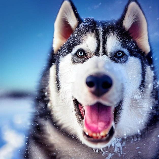 Cane Husky siberiano nella neve con espressione sorpresa rendering 3d