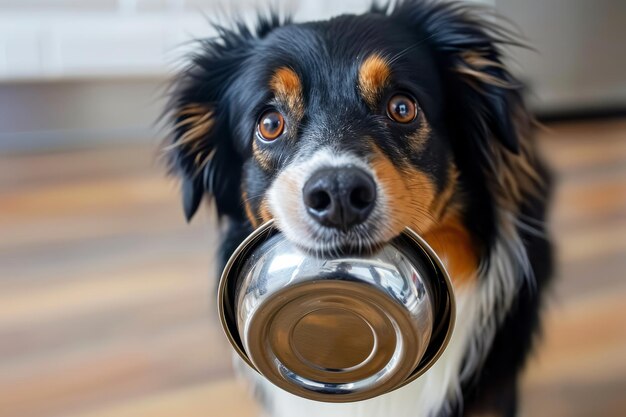 Cane in attesa di essere nutrito con una ciotola vuota in bocca