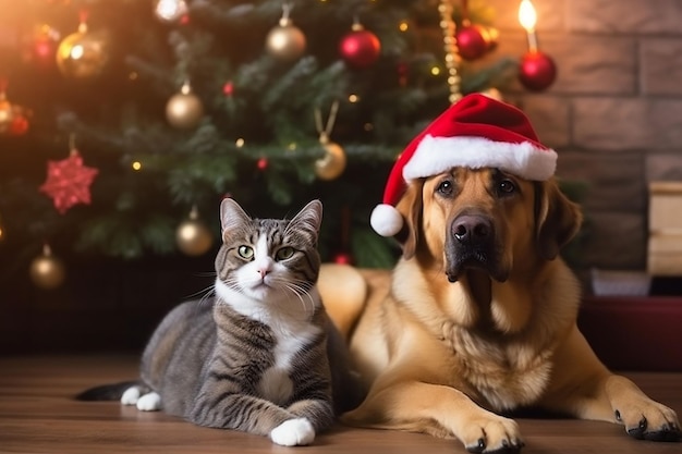 Cane in cappello da Babbo Natale e gatto seduto in salotto sullo sfondo dell'albero di Natale