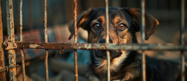 Cane in gabbia che guarda la telecamera