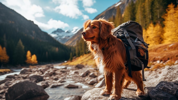 cane in montagna con uno zaino generativo AI