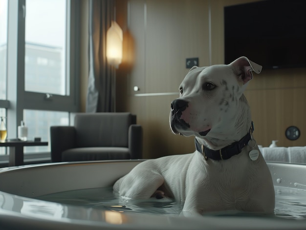 cane in un bagno di schiuma in un interno moderno