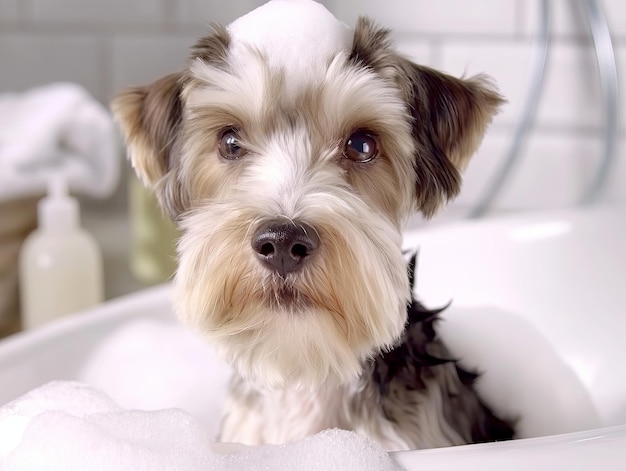 cane in un bagno di schiuma in un interno moderno