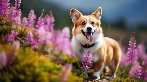 Cane in un campo di fiori