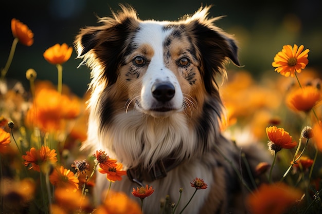 Cane in un campo di fiori