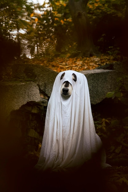 Cane in un costume da fantasma Concetto di Halloween
