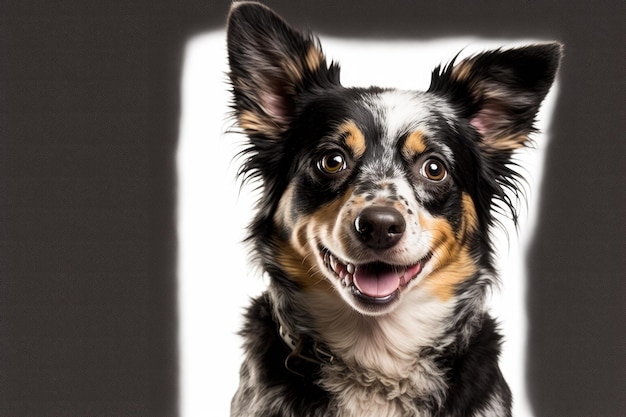 Cane in un ritratto in studio sorridente su uno sfondo bianco