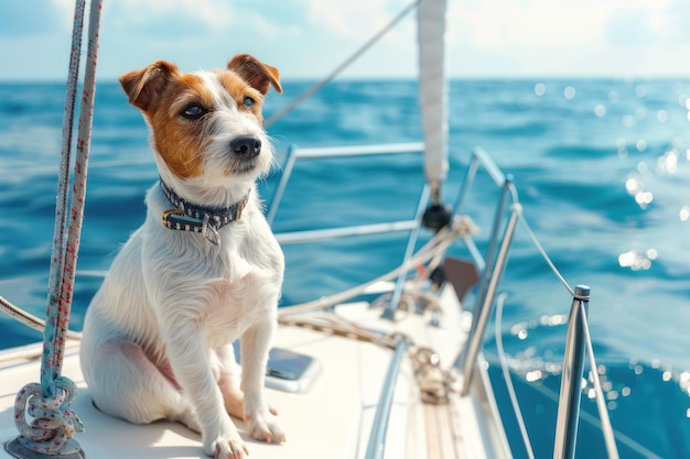 cane in vela sul ponte di una barca da yacht di lusso contro l'acqua del mare in un luminoso giorno d'estate soleggiato