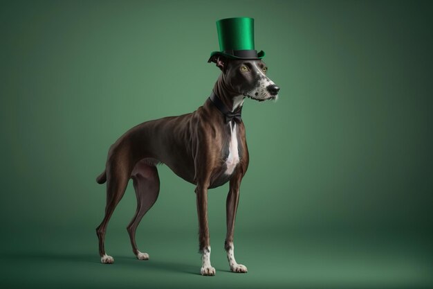 Cane irlandese marrone con cappello a cilindro verde irlandese Ritratto in studio su sfondo verde Giorno di San Patrizio