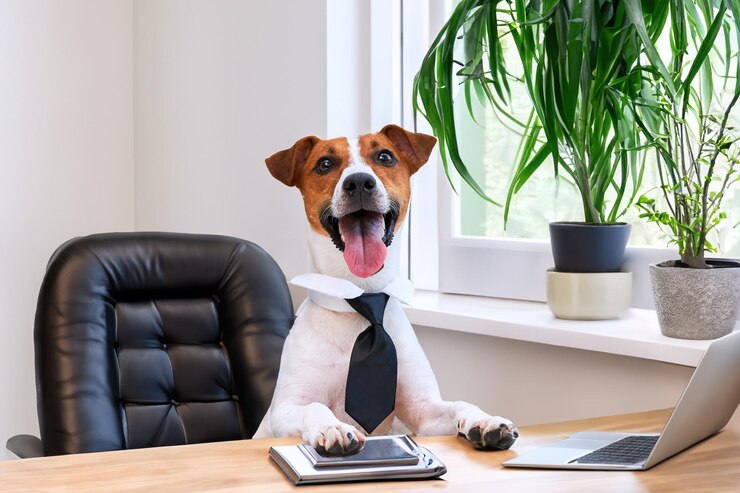 Cane jack russell terrier cane d'affari intelligente che indossa una cravatta si siede a una scrivania in un interno di ufficio raffigurazione umoristica di un animale domestico del capo