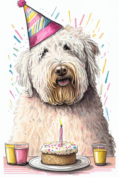 Cane Komondor con torta festiva Design per la carta di buon compleanno Acquerello AI illustrazione generativa