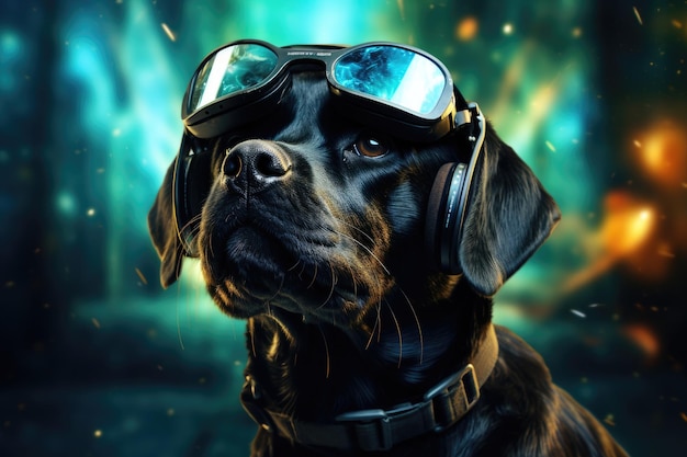 Cane Labrador che indossa l'auricolare VR galassia surreale sfondo cosmico e colorato IA generativa