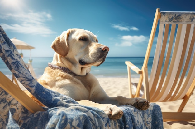 Cane Labrador che indossa occhiali da sole sulla spiaggia IA generativa