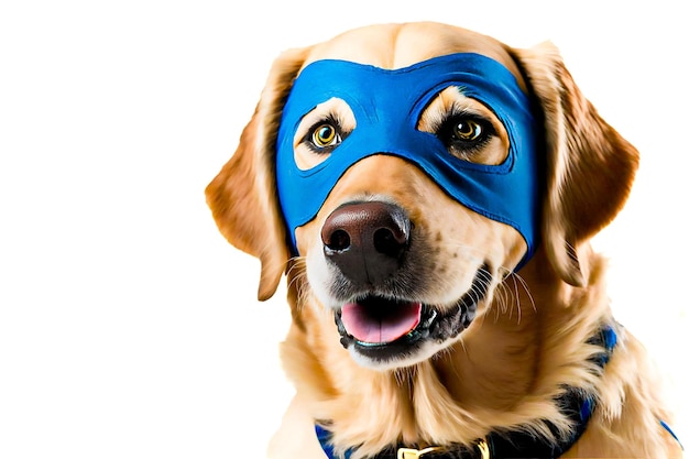 cane labrador felice che indossa la maschera di carnevale blu del supereroe. animale domestico sotto mentite spoglie