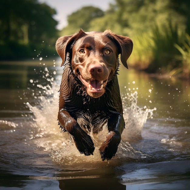 cane labrador marrone che gioca al fiume