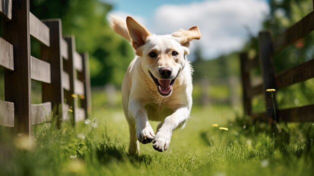 Cane Labrador Retriever che corre fuori dal cancello di casa immagine AI Arte generata