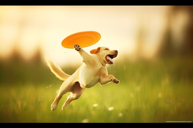 Cane Labrador Retriever che gioca con il Frisbee in mezzo all'aria