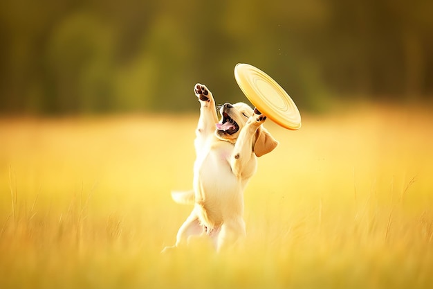 Cane Labrador Retriever che gioca con il Frisbee in mezzo all'aria