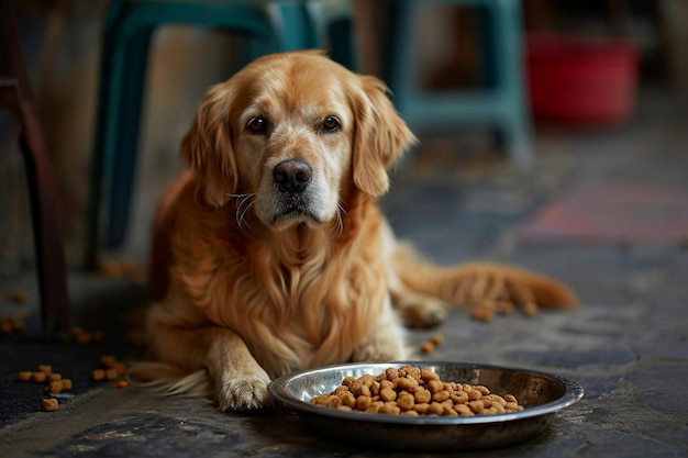 Cane labrador retriever che mangia cibo per cani in una piastra metallica