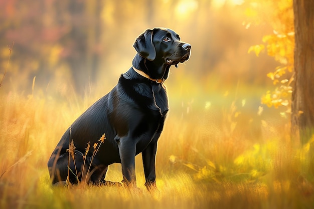 cane Labrador Retriever nero che posa per un ritratto sullo sfondo bokeh del giardino