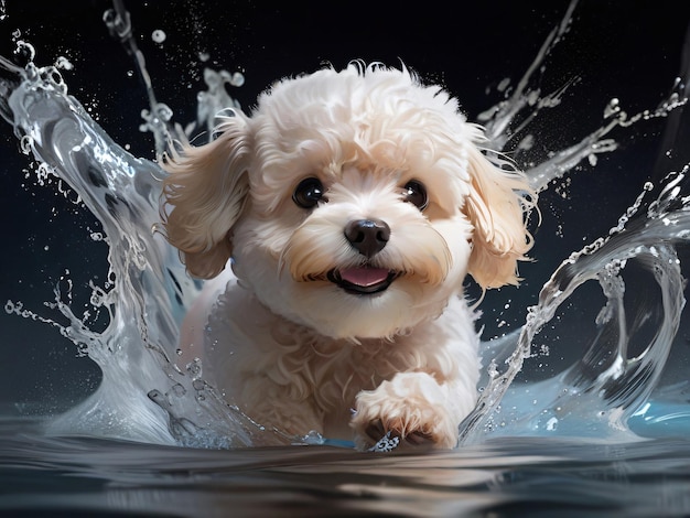 Cane Maltipoo Piccolo cane carino che corre sull'acqua spruzzante illustrazione 3D