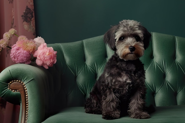 Cane Maltipoo seduto sul divano di tweed verde Generato ai