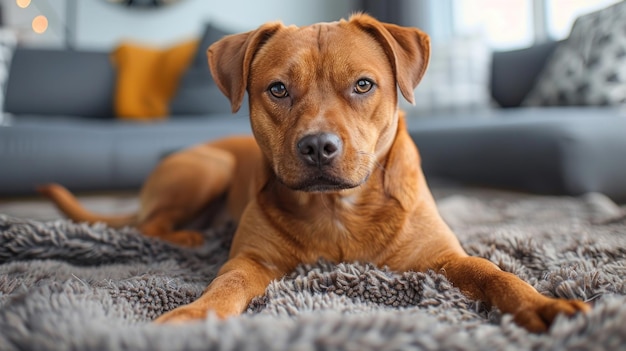 Cane marrone che riposa su un tappeto grigio