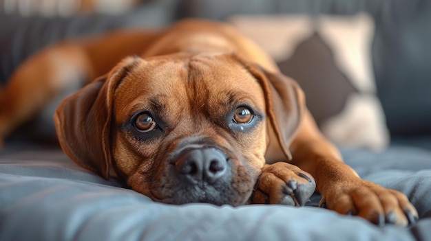 Cane marrone che si riposa sul divano blu