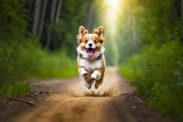 Cane marrone e bianco che corre lungo la strada sterrata accanto alla foresta IA generativa