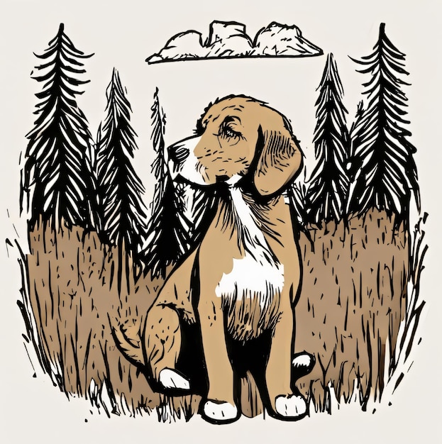 Cane marrone in un'arte di scarabocchio dell'inchiostro minimo del prato della foresta