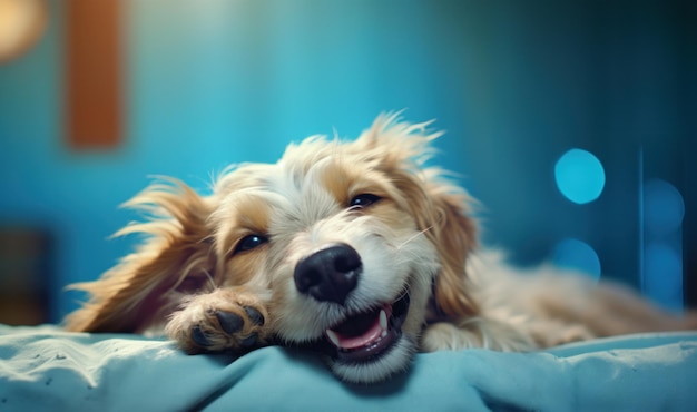 Cane mongo sul letto sta sorridendo da vicino umoristico