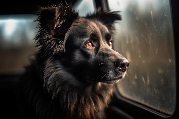 Cane nel finestrino della macchina Cucciolo che guarda fuori dal finestrino della macchina AI