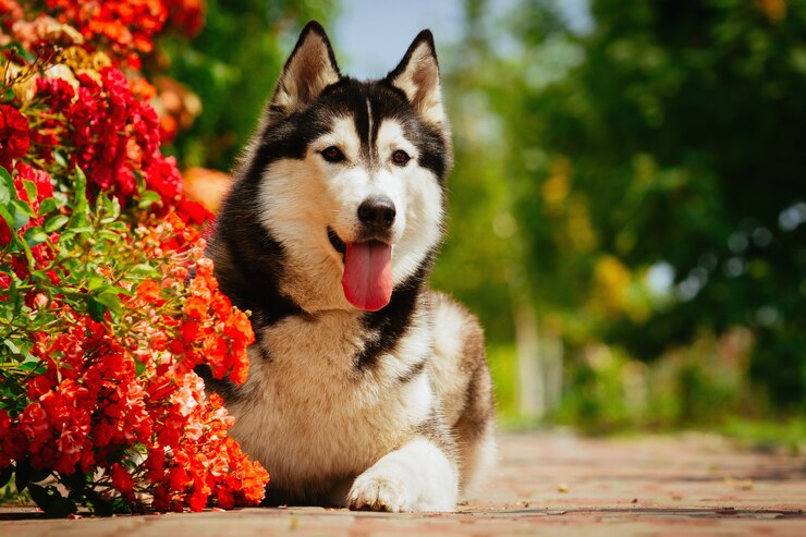 Cane nero che si trova vicino alle rose di fioritura di un cespuglio. Ritratto di un husky siberiano.