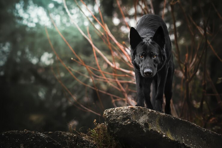 Cane nero con occhi marroni su una pietra nella foresta