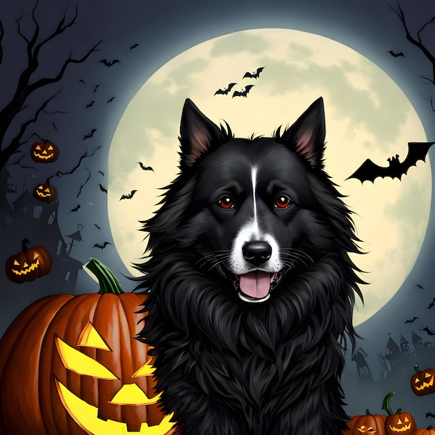 Cane nero con zucca di Halloween