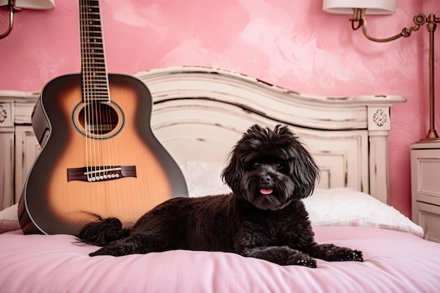 Cane nero seduto sul cuscino rosa in camera da letto con la chitarra vicino creato con l'IA generativa